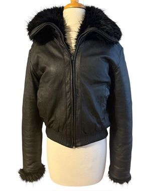 Vintage 90s Nicole Miller Reversible Leather Faux Fur Bomber Jacket Size Large